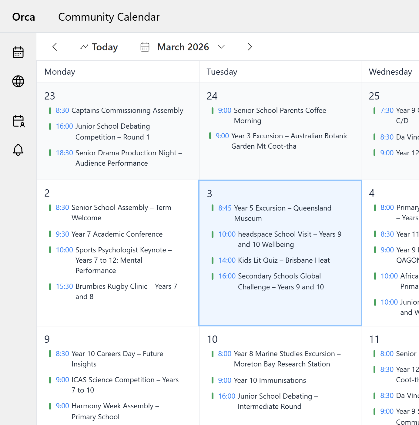 Orca Community Calendar with events and notifications