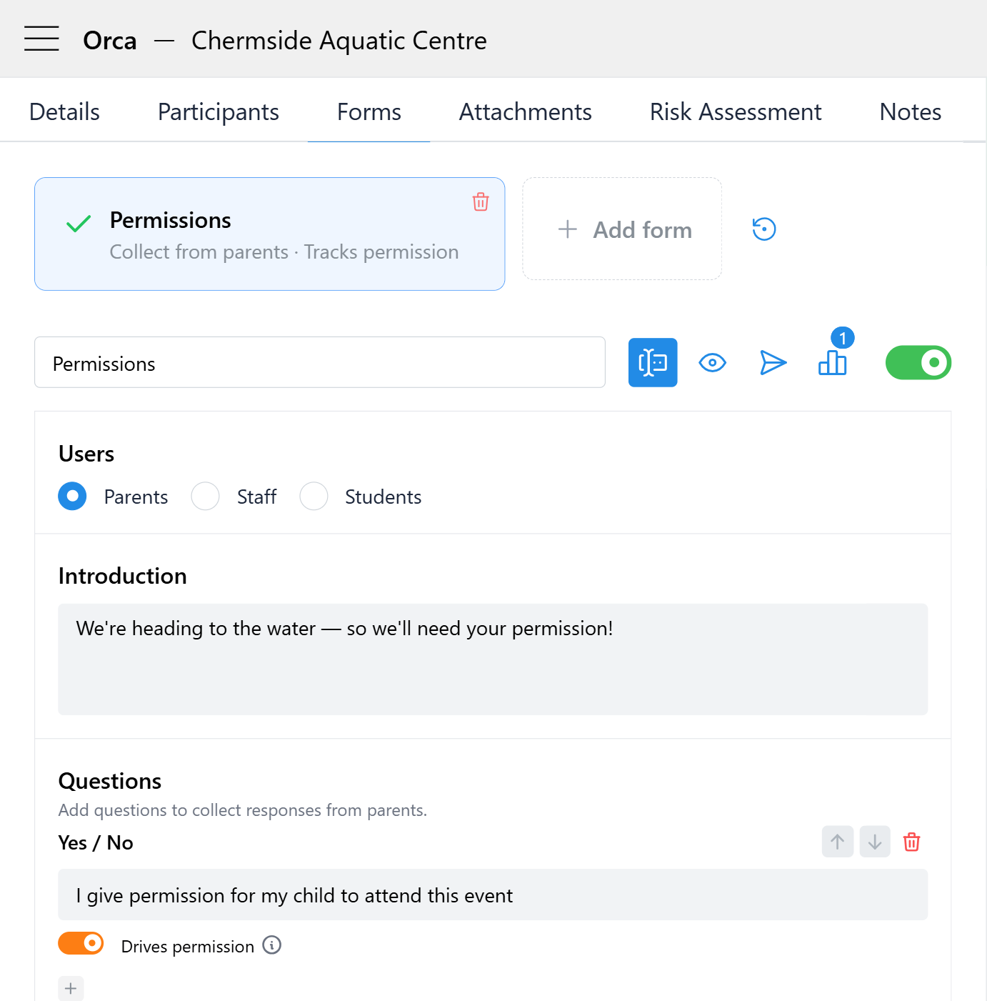 Orca Risk Assessment Generation showing template with standard and conditional sections