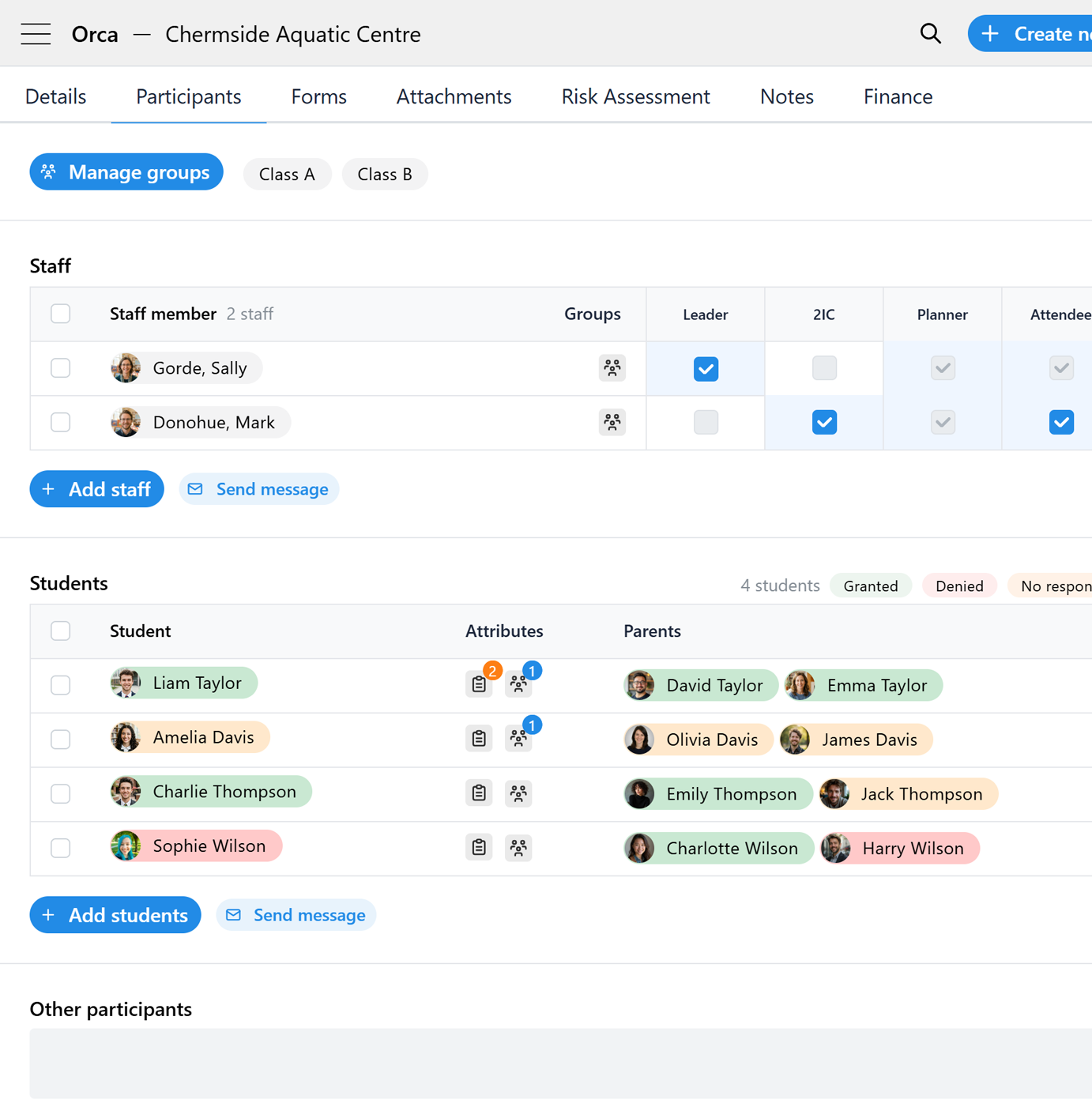Orca participants lists with forms to allow users to respond to events