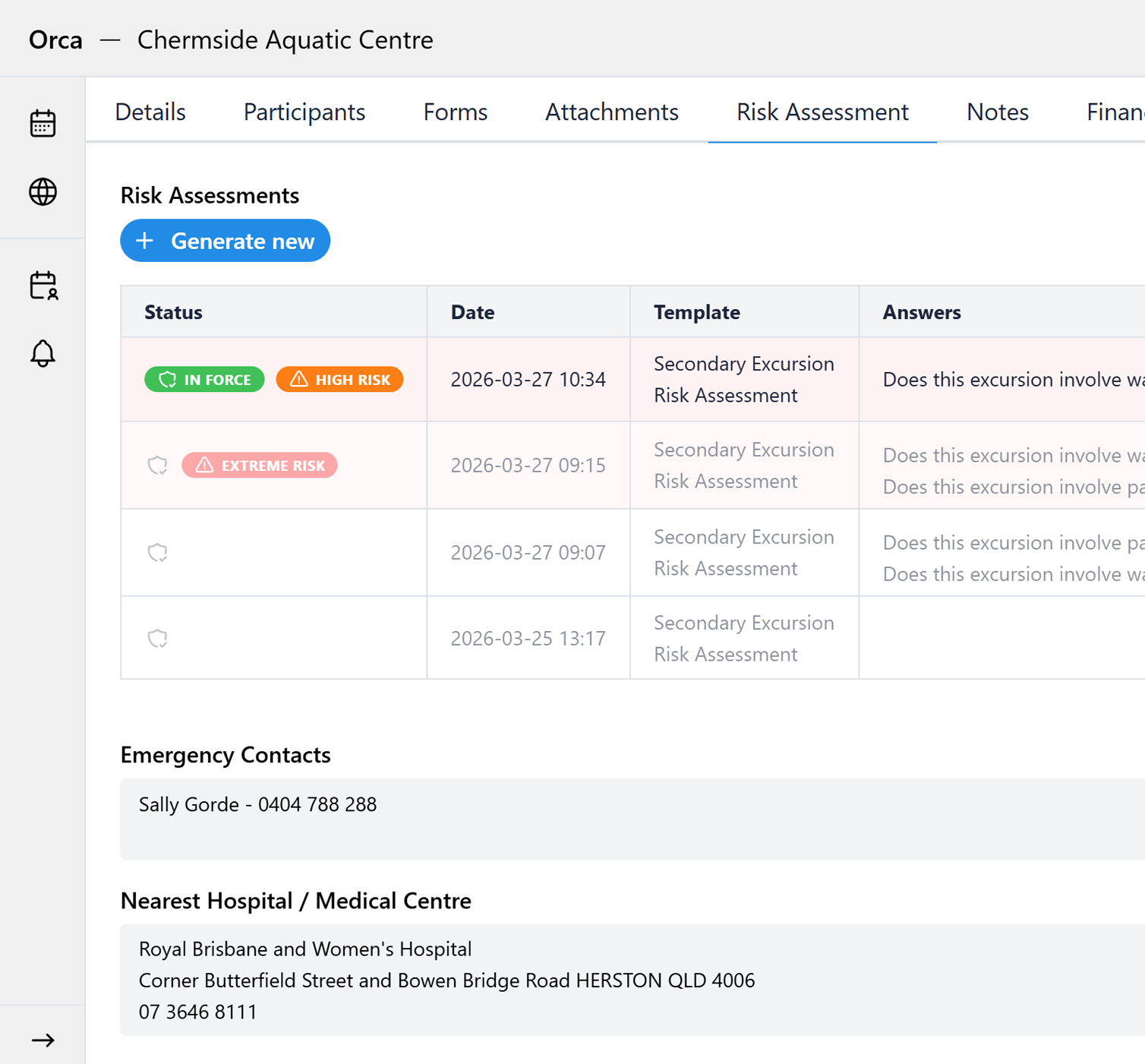 Orca risk assessment list showing status, dates, and templates for an excursion