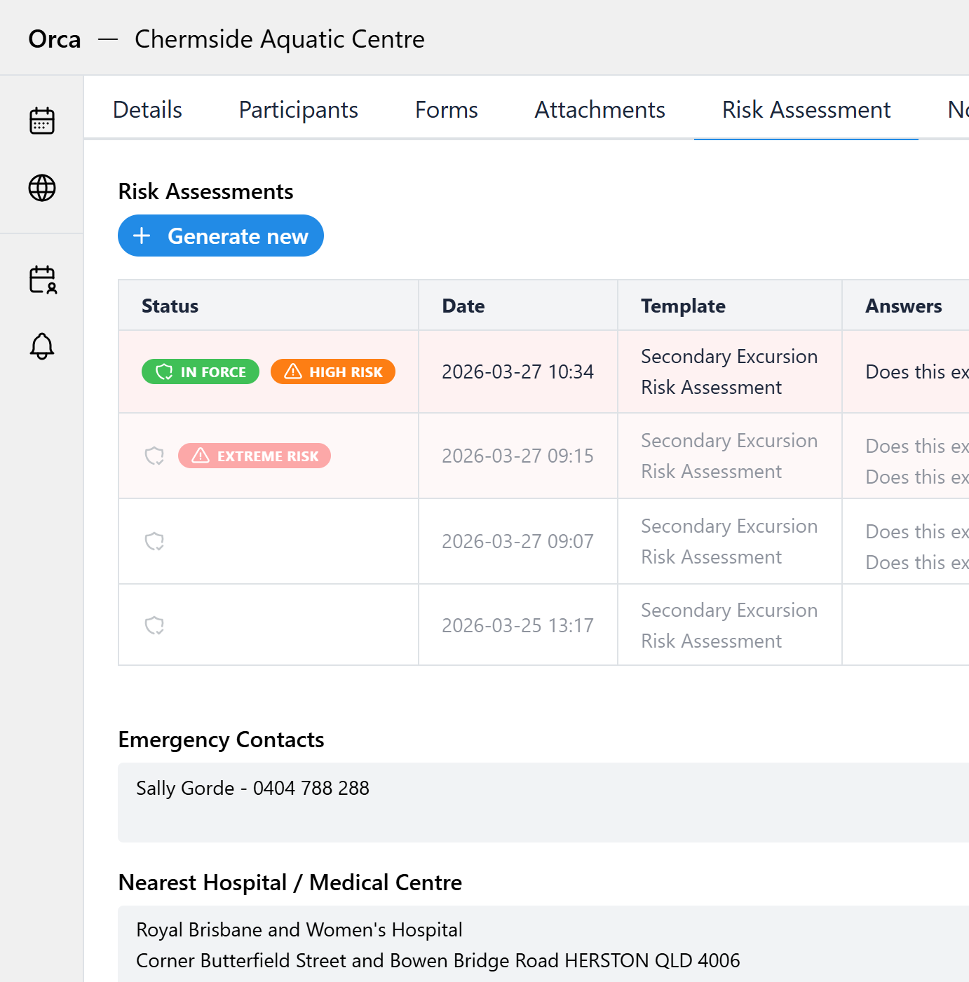 Orca Risk Assessment Generation showing template with standard and conditional sections